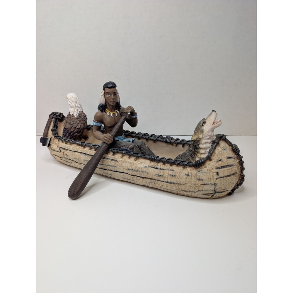Young's Resin Native American Canoe Wolf‎ Eagle Trinket Dish Catchall 14"
